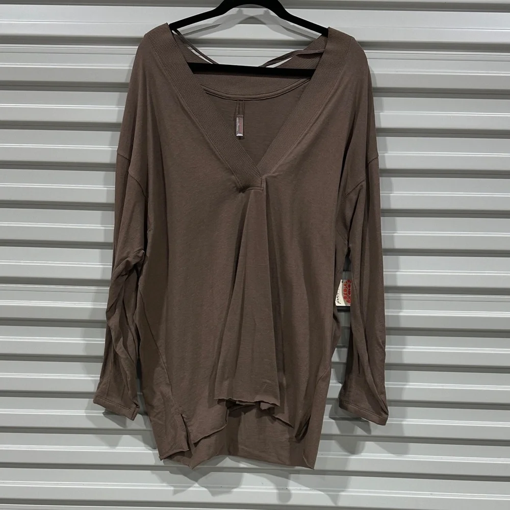 FP Movement by Free People Brown Taupe V-Neck Pleated Tunic - Picture 1 of 6